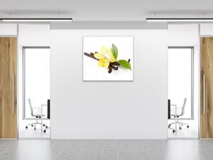 Obraz skleněný čtvercový žlutá orchidej, list a vanilka - 40 x 40 cm