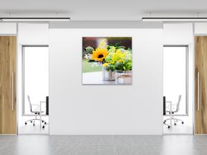 Obraz skleněný čtvercový luční kytice se slunečnici v plechu - 40 x 40 cm