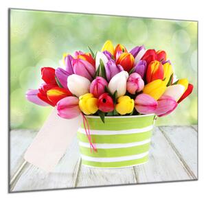 Obraz skleněný čtvercový kytice barevných tulipánů v květináči - 50 x 50 cm