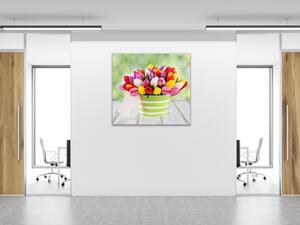 Obraz skleněný čtvercový kytice barevných tulipánů v květináči - 40 x 40 cm
