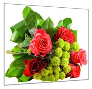 Obraz skleněný čtvercový kytice červených růží a listí - 40 x 40 cm