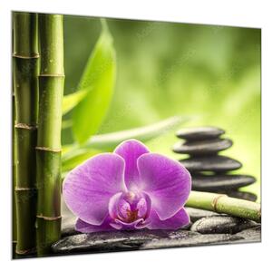 Obraz skleněný čtvercový bambus, orchidej a kámen - 40 x 40 cm