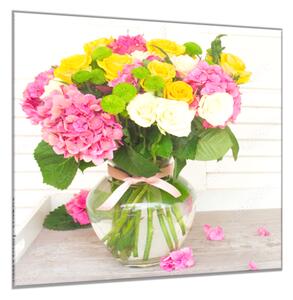 Obraz skleněný čtvercový kytice květů hortenzie a růže - 40 x 40 cm