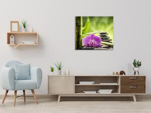 Obraz skleněný čtvercový bambus, orchidej a kámen - 50 x 50 cm
