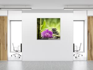 Obraz skleněný čtvercový bambus, orchidej a kámen - 50 x 50 cm
