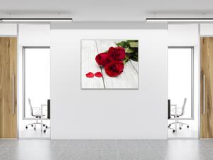 Obraz skleněný čtvercový květy červené růže na bílém dřevě - 40 x 40 cm