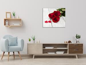 Obraz skleněný čtvercový květy červené růže na bílém dřevě - 34 x 34 cm