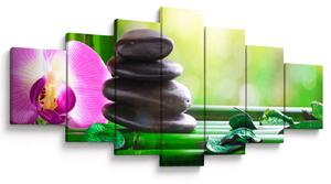 Obraz masážních kamenů a orchidee na vodě (210x100 cm)