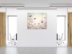 Obraz skleněný čtvercový malované luční kopretiny a motýli - 40 x 40 cm