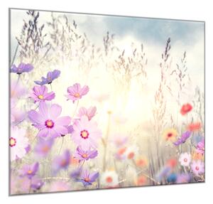 Obraz skleněný čtvercový malované růžové a červené luční kvítí - 40 x 40 cm