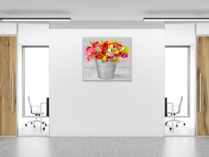Obraz skleněný čtvercový kytice tulipánů v cínovém kýblu - 40 x 40 cm
