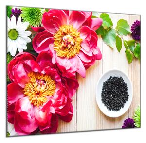 Obraz skleněný čtvercový květy pivoňky a chryzantémy na dřevě - 55 x 55 cm