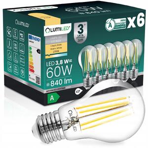 6x LED žárovka E27 filament, třída A, 3,8W 840LM (ekvivalent 60W), 2700K, 360° Lumiled