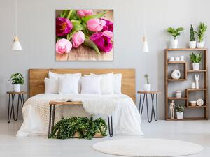Obraz do ložnice čtvercový květy růžových tulipánů - 40 x 40 cm
