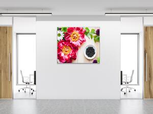 Obraz skleněný čtvercový květy pivoňky a chryzantémy na dřevě - 40 x 40 cm