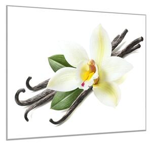 Obraz skleněný čtvercový květ bílé orchideje a lusky vanilky - 34 x 34 cm