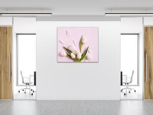 Obraz skleněný čtvercový květy bílých tulipánů na růžovém pozadí - 40 x 40 cm