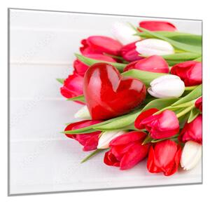 Obraz skleněný čtvercový červené, bílé tulipány a srdce - 55 x 55 cm