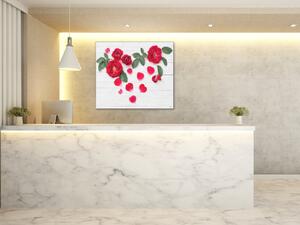 Obraz skleněný čtvercový květy červené růže a lístky na bílém dřevě - 40 x 40 cm