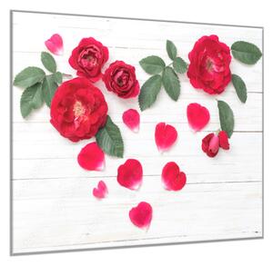 Obraz skleněný čtvercový květy červené růže a lístky na bílém dřevě - 34 x 34 cm