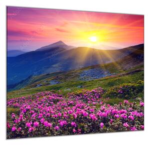 Obraz skleněný horská louka se západem slunce - 40 x 40 cm