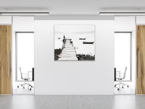 Obraz skleněný molo u moře a loďky - 40 x 40 cm