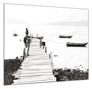 Obraz skleněný molo u moře a loďky - 40 x 40 cm