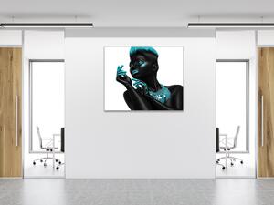 Obraz skleněný čtvercový černá žena tyrkysový detail - 40 x 40 cm