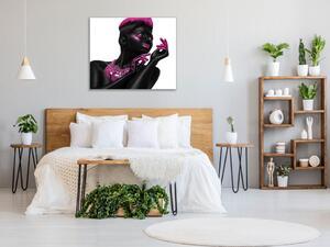 Obraz skleněný čtvercový černá žena růžový detail - 55 x 55 cm