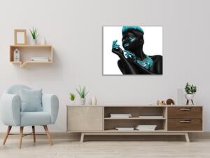 Obraz skleněný čtvercový černá žena tyrkysový detail - 55 x 55 cm
