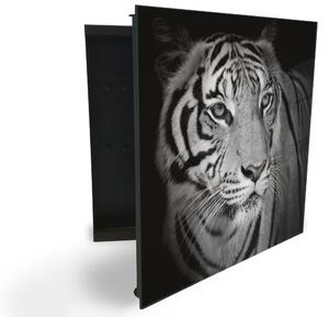 Glasdekor skříňka na klíče - hlava černobílý tygr - Levé / Černá