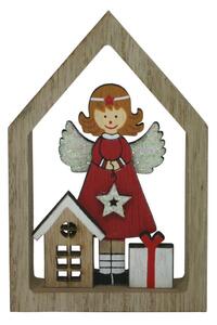 Dřevěná dekorace domeček s červeným andělem