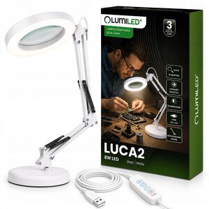 LED stolní lampa LUCA 2 8W CCT s lupou 3x Bílá Lumiled Kreślící