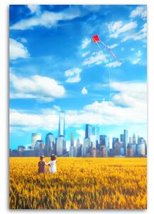 Obraz na plátně Louka Děti Kite City Sky - Bryantama Art Rozměry: 40 x 60 cm