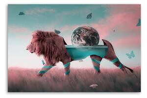 Obraz na plátně Lev nesoucí planetu surrealismus - Bryantama Art Rozměry: 60 x 40 cm