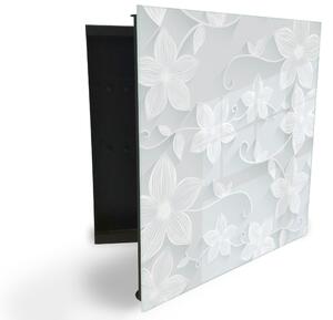 Glasdekor skříňka na klíče - bílý květinový bezešvý vzor - Levé / Černá