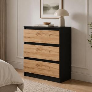 Komoda Home Collective s 3 zásuvkami | Komoda, skříňka, nábytek do ložnice nebo pokoje pro mládež | Moderní design bez úchytek | Černá barva "Craft Oak". Rozměry: 70 x 40 x 77 cm