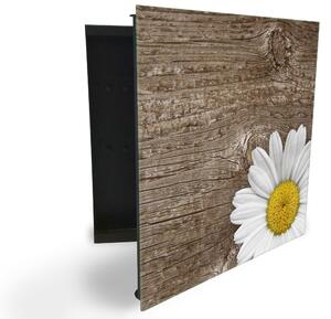 Glasdekor skříňka na klíče - květ bílé kopretiny na dřevě - Levé / Černá