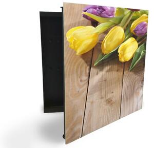 Glasdekor skříňka na klíče - žluté tulipány na dřevě - Levé / Černá