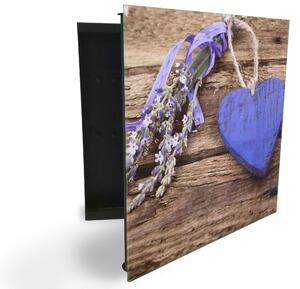 Glasdekor skříňka na klíče - květ fialové levandule a srdce na dřevě - Levé / Černá