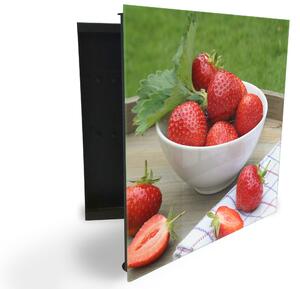 Glasdekor skříňka na klíče - červené jahody v bílé misce - Pravé / Černá