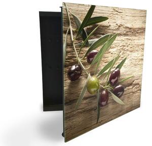 Glasdekor skříňka na klíče - větev oliv na dřevě - Levé / Černá