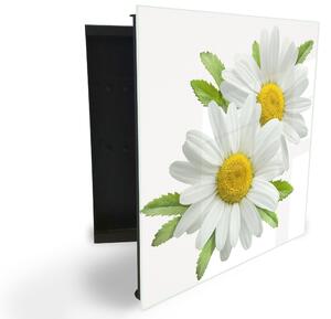 Glasdekor skříňka na klíče - bílé květy heřmánků na bílém - Levé / Černá