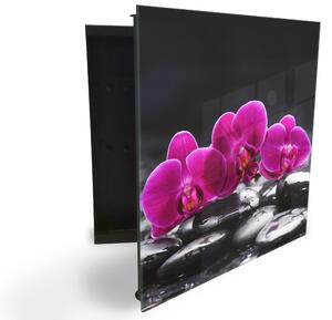 Glasdekor skříňka na klíče - fialový květ orchideje na černém kameni - Levé / Černá