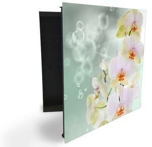 Glasdekor skříňka na klíče - květy orchidejí na abstraktním pozadí - Levé / Černá