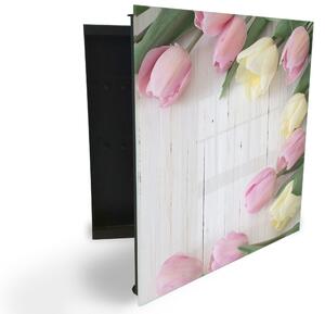 Glasdekor skříňka na klíče - květy tulipánů na bílém dřevě - Levé / Černá