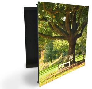 Glasdekor skříňka na klíče - strom v parku a lavička - Levé / Černá