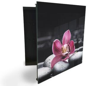 Glasdekor skříňka na klíče - květ orchideje na černém kameni - Levé / Černá