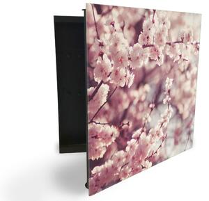 Glasdekor skříňka na klíče - jarní třešňové květy - Levé / Černá