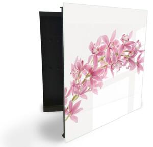 Glasdekor skříňka na klíče - růžové květy orchideje - Levé / Černá